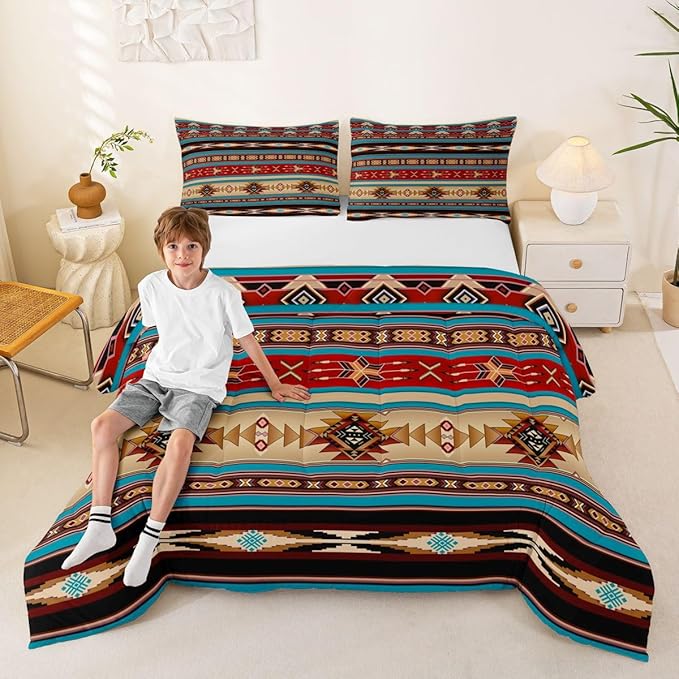 Aztec Quilt Ethnic Tribal Arrow Comforter Set,Retro Southwest Native Bohemian Bedding Set Full,Western Star Geometric Sriped Duvet Insert African Tribe Exotic Nordic Style Boho Decor,Red Blue Brown
