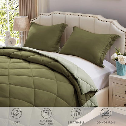 NexHome Twin Comforter Set Olive&Sage,2 Pieces Lightweight Comforters Twin Size Reversible Bedding Comforters Sets,Down Alternative Comforter Bed Set Quilt Blanket(68x88In Comforter & 1 Pillowsham)
