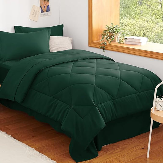 CozyLux Twin Comforter Set with Sheets Emerald Green - 5 Pieces Bed in a Bag Twin, All Season Bed Set for Girls and Boys, Bedding Set with Down Alternative Comforter, Sheets, Pillowcase & Sham