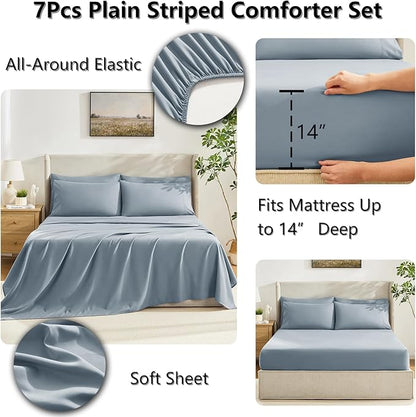 CozyLux Oversized King Comforter Sets Grayish Blue, 7 Pieces Bed in a Bag, Ultra-Soft All Season Bedding Sets with Stitch Quilted Comforter, Flat Sheet, Fitted Sheet, Pillowcases, Grayish Blue