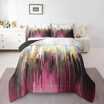 Hot Pink Purple Bedding Set King Abstract Watercolor Comforter Set, Gradient Stripe Duvet Insert Chic Vintage Aesthetic Quilt Sets, Graffiti Oil Painting Modern Bedding Comforters & Sets for Kids Teen