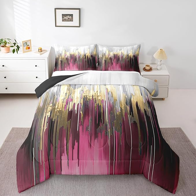 Hot Pink Purple Comforter Set Full Abstract Watercolor Bedding Set Gradient Stripe Bedding Comforter Sets Chic Vintage Aesthetic Duvet Set, Graffiti Oil Painting Modern Quilted Comforter for Kids Teen