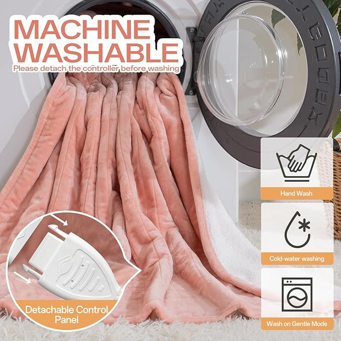 Electric Blanket Heated Twin Size-62" x 84" Heated Blanket with 8 Heat Levels & 10 Hours Auto Off, Fast Heating Flannel Blankets Machine Washable with ETL & FCC Certified, Pink