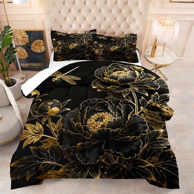 Black Floral Comforter Set Queen 3 Pieces Elegant Flower Printed Bedding Set Soft Microfiber Down Alternative Comforter with 2 Pillowcases