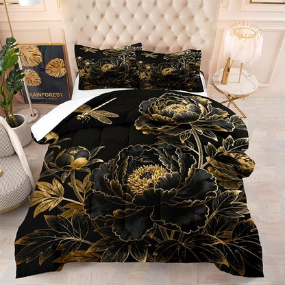 Black Floral Comforter Set Queen 3 Pieces Elegant Flower Printed Bedding Set Soft Microfiber Down Alternative Comforter with 2 Pillowcases