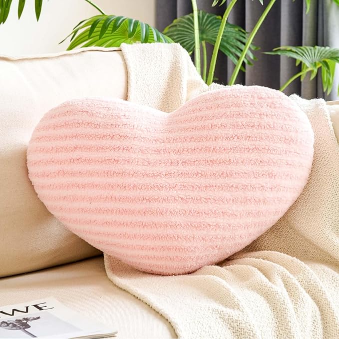 Pink Heart Pillows, 19.6" Cute Heart Decorative Pillow, Stripe Heart Shaped Plush Throw Pillows for Bed
