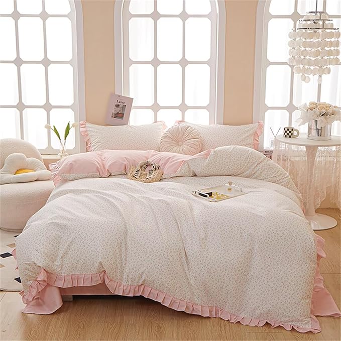 MKXI Twin XL Small Floral Ruffle Comforter Set - 3 Piece Countryside Floral Comforter with Pillow Shams, Reversible White Pink Princess Bedroom Collection, Soft Aesthetic Bedding Set for Teen Girls