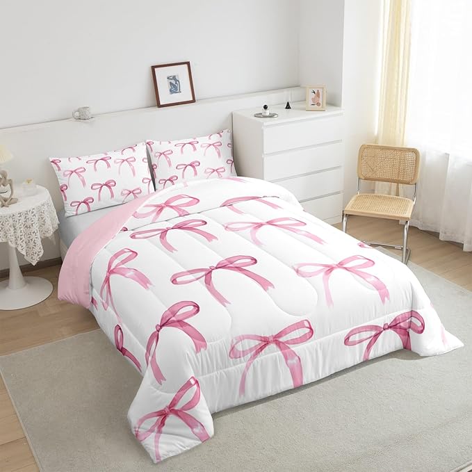 Feelyou Bow Bedding Set Boys Girls Toddler Size Cute Bowknot Comforter Set for Kids Women Men Ultra Soft Pink Girls Bow Comforter Lovely Duvet Set