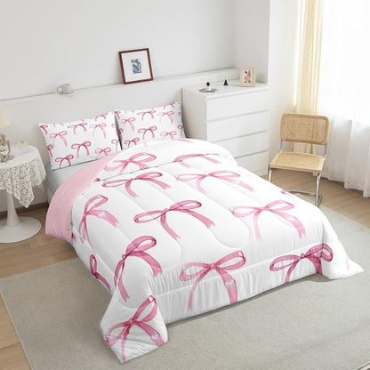 Feelyou Bow Bedding Set Boys Girls Toddler Size Cute Bowknot Comforter Set for Kids Women Men Ultra Soft Pink Girls Bow Comforter Lovely Duvet Set