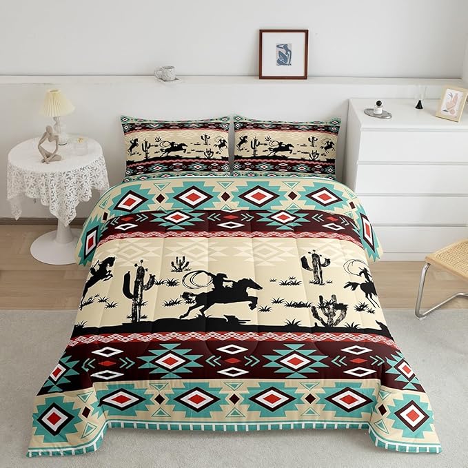 Feelyou Yellow Red Western Decor Bedding Set Southwestern Comforter Set Galloping Horse Wild Western Cowboy Geometric Tribal Comforter Toddler Size Rodeo Cowboy Style Duvet Set 2Pcs