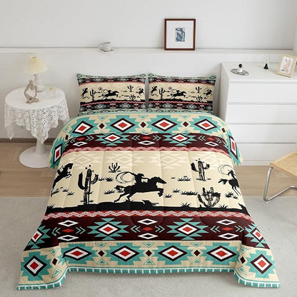 Feelyou Yellow Red Western Decor Bedding Set Southwestern Comforter Set Galloping Horse Wild Western Cowboy Geometric Tribal Comforter Toddler Size Rodeo Cowboy Style Duvet Set 2Pcs