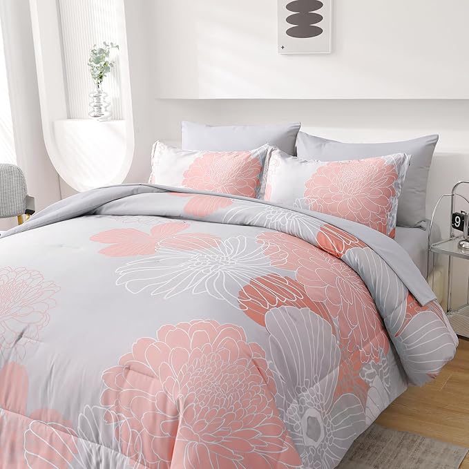 Yiran Blush Grey Floral Bed in a Bag Comforter 7 Pieces Soft Microfiber Comforter Set Bedding Set King Size 104"×90"(1 Comforter,2 Pillowcases,2 Pillow Shams,1 Flat Sheet,1 Fitted Sheet)