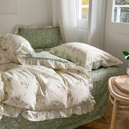 mixinni Cottagecore Floral Comforter Set King Size - 3 Piece Soft Reversible Ruffled Lace Botanical Duvet Cover with Pillow Shams, Light Beige & Green Leaf Print, Spring Bedding for Girls
