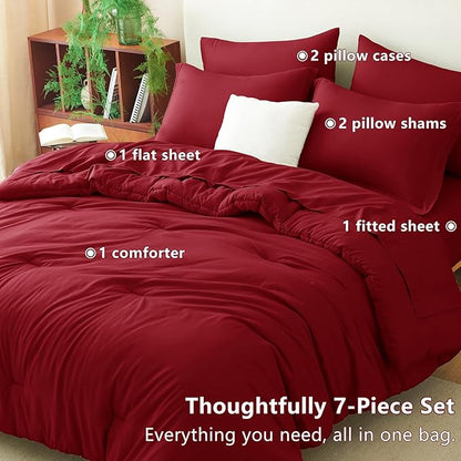 CozyLux Full Size Comforter Set Dark Red, 7 Pieces Bed in a Bag Full Comforter Set with Sheets, Bedding Set with Down Alternative Comforter, Fitted Sheets, Flat Sheets, Pillow Shams and Pillowcases
