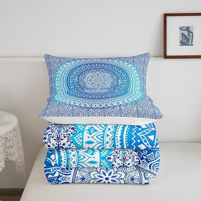 Mandala Boho Comforter Set Queen for Boys Kids Blue Psychedelic Room Decor Aesthetic Comforter Aldults Bedroom Indian Hippie Bedding Set 1 Comforter with 2 Pillow Cases,Lightweight Warm Soft