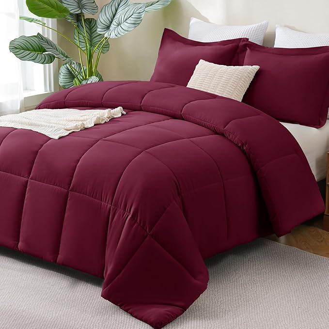 CozyLux Queen Comforter Set - Burgundy Comforters Queen Size, 3 Pieces Box Stitched Bed Set for All Seasons, Soft Lightweight Bedding Sets with 1 Down Alternative Comforter and 2 Pillow Shams