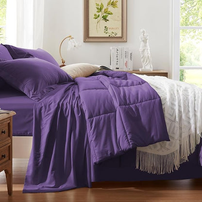 Anluoer Queen Comforter Set 7 Piece, Dark Purple Bed in a Bag with Sheets, Comforters Queen Size Bedding Sets with 1 Comforter, 2 Pillow Shams, 2 Pillowcases, 1 Flat Sheet,1 Fitted Sheet