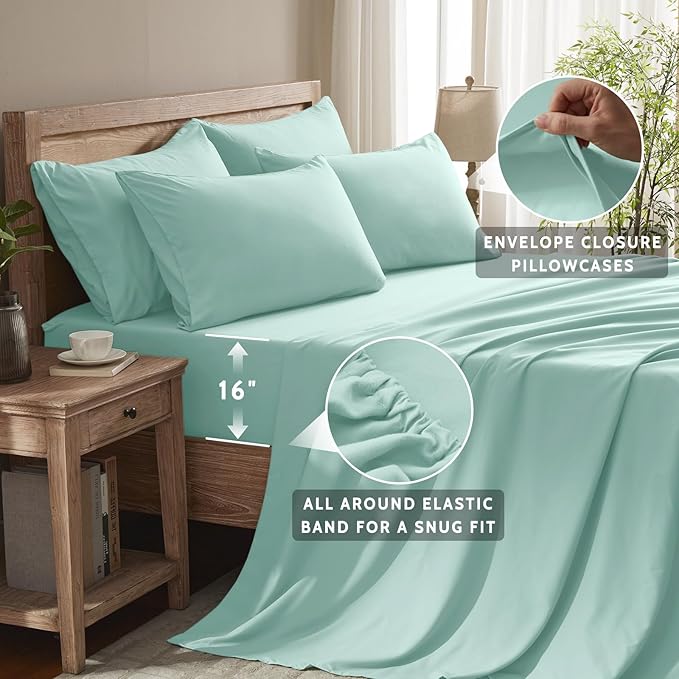 Twin Sheets Set - 4 Piece Soft Microfiber and Wrinkle Free Sheets - Easy Care, Extra Soft, Cooling Sheets - 1 Deep Pocket Fitted Sheet 1 Flat Sheet and 2 Pillowcases (Twin Spa Blue)