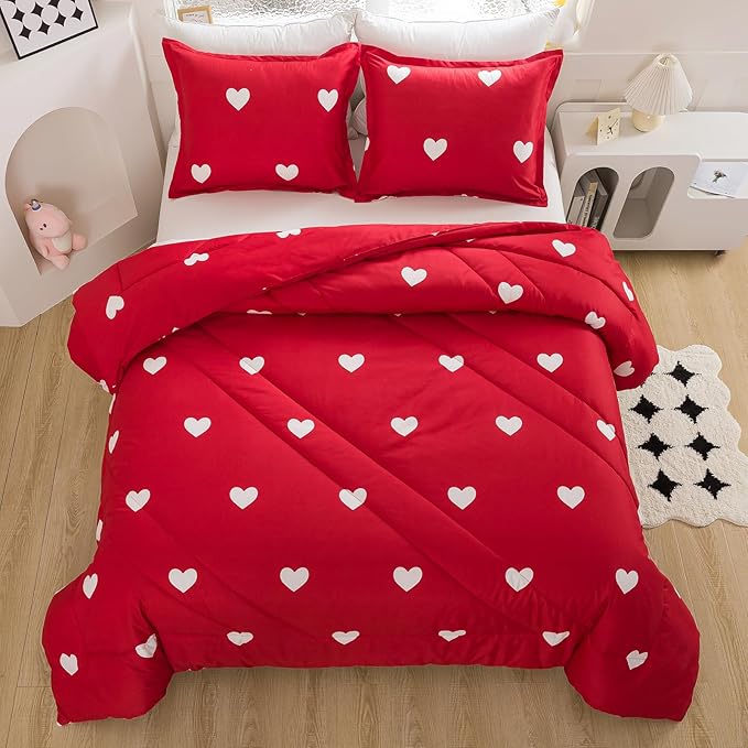 Caressma Love Comforter Set King Size - Cute White Heart Print Red Bedding Comforter 3 Pieces Matching Pillowshams