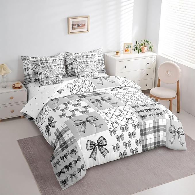 Feelyou Gray Bow Twin Comforter Set with Sheets for Kids Boys Girls Princess Bow 7 Pieces Bedding Set Cute Bowknot Bed in a Bag Kawaii Room Decor Soft Lightweight Microfiber