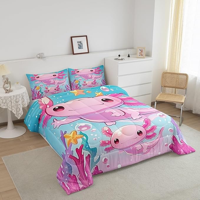 Kids Girls Cute Axolotl Bedding Sets Full Size,Pink Ocean Sealife Kawaii Animal Reversible Comforter Set Breathable Polyester Quilt Set,Cartoon Blue Sea Coral Duvet Insert,2 Pillowcases