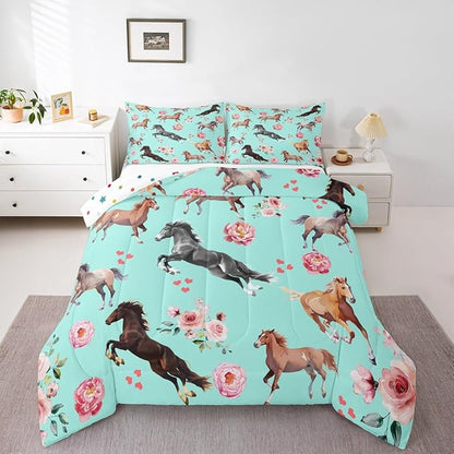Horse Comforter Set King for Cowboy Cowgirl,Southwest Rose Petal Bedding Set for Youth Adult,Rustic Horse Quilt Set for Bedroom Decor,Vintage Farmhouse Wildlife Down Comforter with 2 Pillowcases