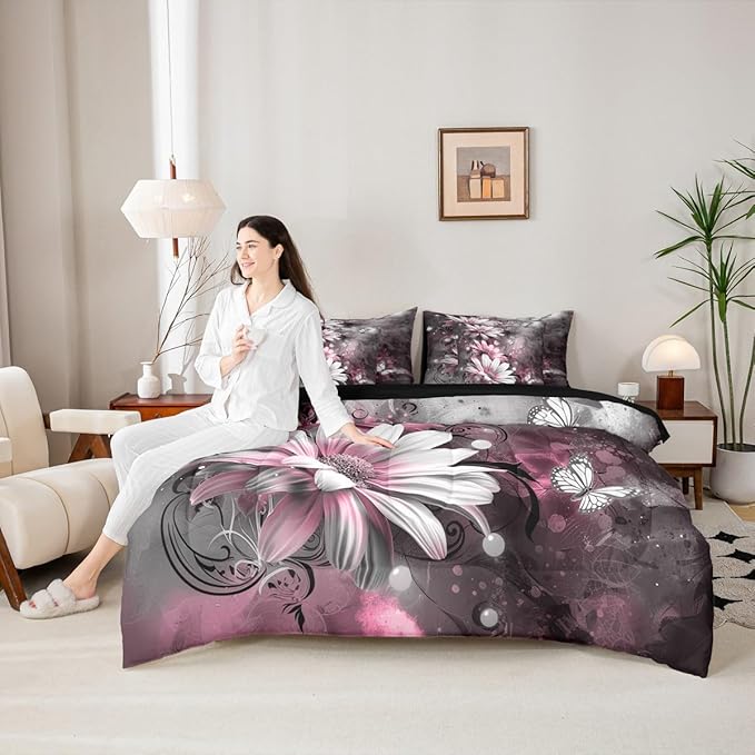 Feelyou Girls Vintage Flower Comforter Set with Sheets Queen Size 7 Pieces Kids Pink Daisy Florals Pattern Bedding Set for Boys Women Teens Butterfly Botanical Nature Garden Theme Bed in a Bag