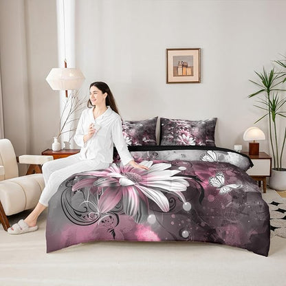 Feelyou Girls Vintage Flower Comforter Set with Sheets Full Size 7 Pieces Kids Pink Daisy Florals Pattern Bedding Set for Boys Women Teens Butterfly Botanical Nature Garden Theme Bed in a Bag