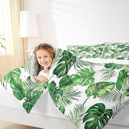 Erosebridal Palm Leaves Comforter Set Hawaiian Bedding Set Monstera Banana Leaves Down Comforter King Size Summer Tropical Leaves Quilt Set Green White Lightweight 3Pcs Bedroom Decor