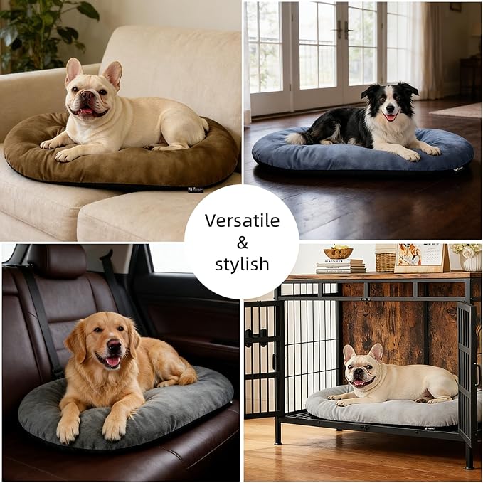 Washable Large Dog Bed for Medium & Large Breeds, Non-Slip Bottom & Plush Faux Silver Fox Fur Oval Cushion Pad for Big Dogs, Soft Mat for Crates, Brown, 41x27 Inch