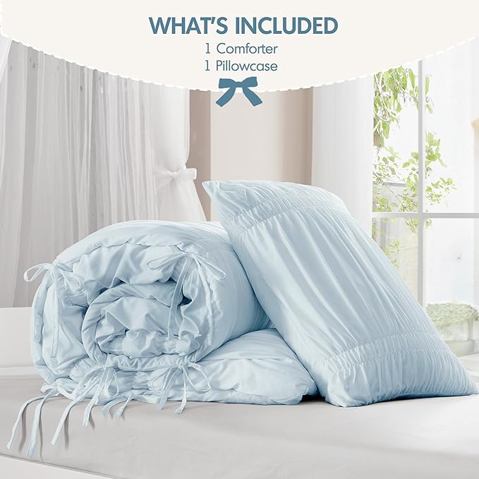 Intelligent Design Ruched Shabby Chic Comforters for Twin Size Bed, All Season Lightweight Comforter Twin, French Country Bedding Set, Sham, Ella, Twin/Twin XL, Blue, 2 Piece
