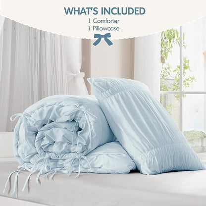 Intelligent Design Ruched Shabby Chic Comforters for Twin Size Bed, All Season Lightweight Comforter Twin, French Country Bedding Set, Sham, Ella, Twin/Twin XL, Blue, 2 Piece