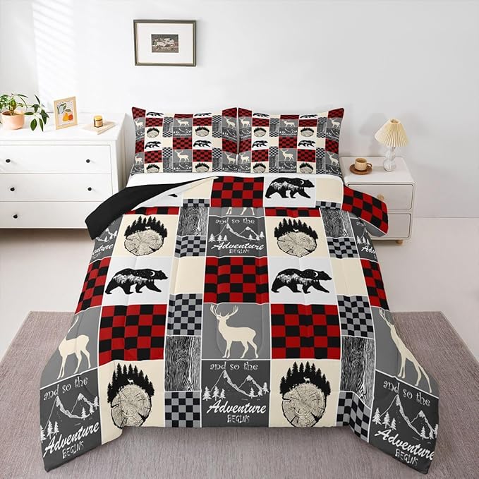 Boys Hunting Deer Quilt, Rustic Cabin Lodge Comforter Set Wildlife Bear Bedding Set King Size, Western Country Farmhouse Wooden Board Down Comforter With 2 Pillow Cases, Rustic Gifts For Mom