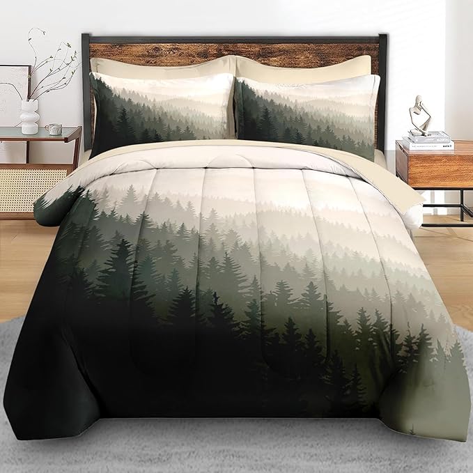 Comforter Set Full Size, Mountain Pine Tree 7 Pcs Bedding for Kids and Adults, Natural Forest Landscape Bed Sheet Sets with Fitted Sheet 2 Pillowcases & 2 Shams
