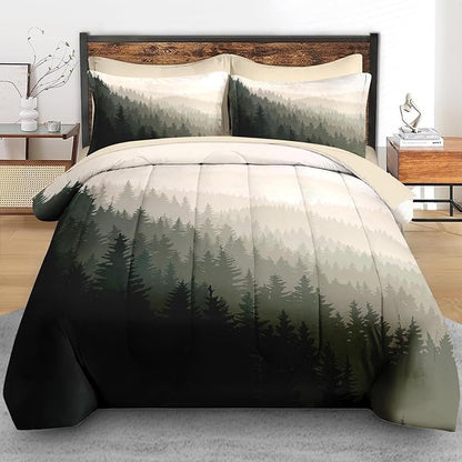 Comforter Set Twin Size, Mountain Pine Tree 5 Pcs Bedding for Kids and Adults, Natural Forest Landscape Bed Sheet Sets with Fitted Sheet Pillowcase & Sham