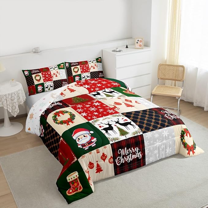 Merry Christmas Comforter Set Queen Size,Xmas Deer Santa Claus Pine Tree Bedding Set for Kids Girls Boys Red Green Grid Patchwork Plaid Quilt Set Winter Snowflake Duvet Insert,2 Pillowcases
