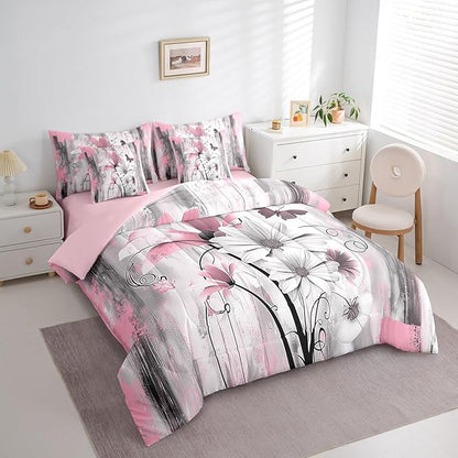 Feelyou Girls Daisy Flower Comforter Set with Sheets Full Size 7 Pieces Kids Vintage Floral Butterfly Bedding Set for Boys Women Teens Pink Grey White Simple Modern Abstract Art Bed in a Bag