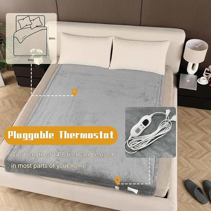 Heated Blanket Electric Throw 60"x84", 8lbs Thick Flannel Heating Blanket, 6 Heat Levels & 9 Hours Auto Off, Machine Washable Overheated Protection Electric Quilt for Couch, Bed, Sofa (Gray)