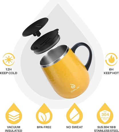 Ideus 16 oz Insulated Coffee Mug with Handle and Lid, Double Wall Stainless Steel Vacuum Thermal Coffee Mug, Travel Coffee Cup Thermal Cup for Home and Office, Leopard Yellow