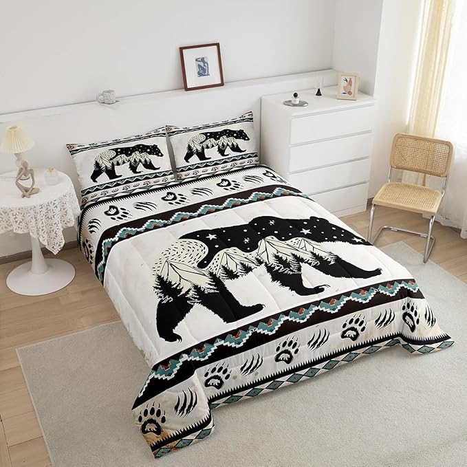 Feelyou Bear Print Bedding Set Boho Southwestern Comforter Set for Kids Boys Girls Wild Animal Hunt Comforter Rustic Farmhouse Quilt Set Room 3Pcs Queen Size
