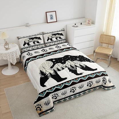 Feelyou Bear Print Bedding Set Boho Southwestern Comforter Set for Kids Boys Girls Wild Animal Hunt Comforter Rustic Farmhouse Quilt Set Room 3Pcs Queen Size