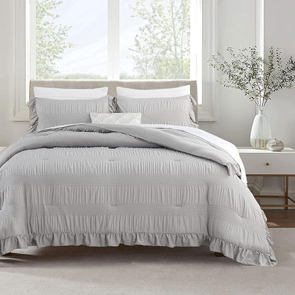 Gray Twin Comforter Set, Seersucker Vintage Comforter Ultra-Soft Light Grey Bedding Set Twin/Twin XL Size 3 Piece Set, Down Alternative Light Weight Comforter Set (Grey,Twin 68"x90")