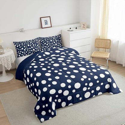 Manfei White Polka Dots Comforter Set Toddler Size 2 Pcs,French Style Cute Dots Print Bedding Set,Geometric Circles Navy White Simple Quilt Set for Child Bedroom,1 Pillowcase