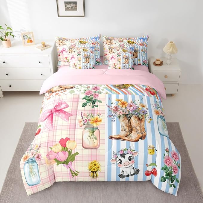 Erosebridal Bow King Comforter Set Cow Girl 7-Piece Bed in A Bag Western Bowknot Floral Rustic Lattice Stripe Sheets and Pillowcases Pink Yellow Bed Sets