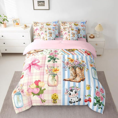 Erosebridal Bow King Comforter Set Cow Girl 7-Piece Bed in A Bag Western Bowknot Floral Rustic Lattice Stripe Sheets and Pillowcases Pink Yellow Bed Sets