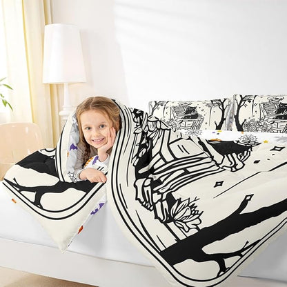 Erosebridal Halloween Gothic Skull Comforter Set Toddler, Skeleon Holding Cat Bedding Set, Gothic Floral Comforter for Kids Teens Boys Adults Goth Room Decor, Sun and Moon Quilt, Lightweight