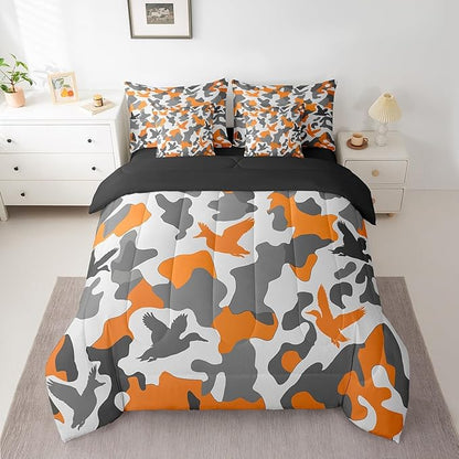 Erosebridal Duck Hunting 7 Pcs Bed Set Twin Size Camo Bedding for Kids Army Camouflage Hunting Bed in A Bag Sheet Set Vintage Yellow Grey Room Decor Wild Animal Duck Rustic Comforter Set