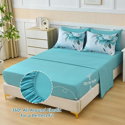 Dobuyly Floral Comforter Set Full Size 7 Piece Bed in a Bag, Aqua Flowers Printed on Light Blue Comforter Set with Sheets, Soft Microfiber Botanical Complete Bedding Set for All Season