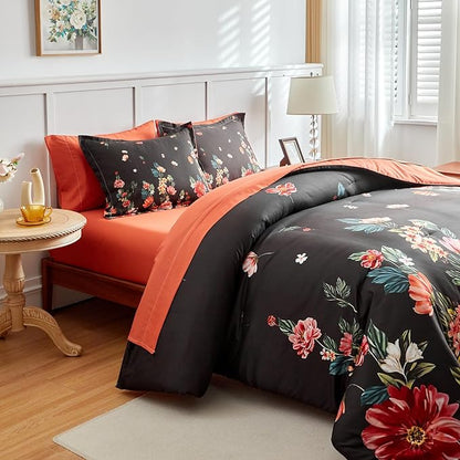 Joyreap 7 Piece Bed in a Bag Queen, Floral Comforter Sheet Set, Black n Orange Flowers Design, All Season Microfiber Bedding Comforter Set