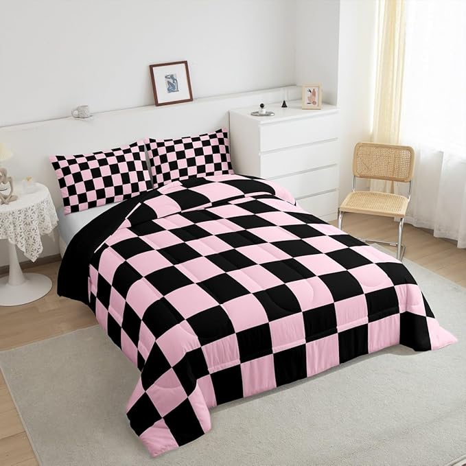 Feelyou Checkered Bedding Set Teen Women Men Pink Black Plaid Comforter Set Toddler Size Kids Boys Girls Cute Retro Neutral Checkerboard Geometric Duvet Insert Vintage Aesthetic Room Decor